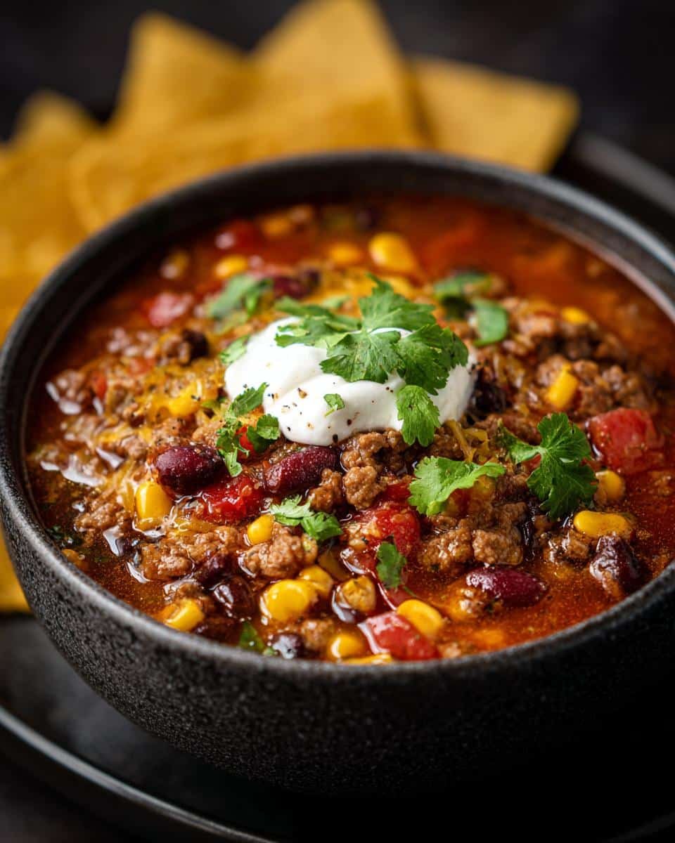 Unbelievable Creamy Mexican Champurrado Recipe in 10 Mins 6 Bowl of hearty Mexican chili with corn, beans, and a dollop of sour cream, garnished with cilantro.