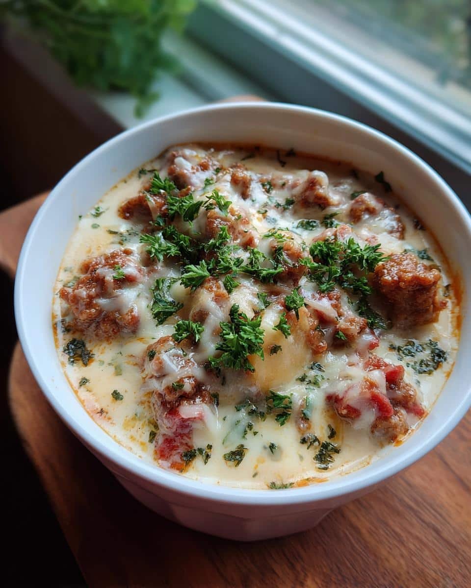 Unbelievable Million Dollar Soup in Just 45 Minutes 8 A bowl of Million Dollar Soup, featuring creamy broth, sausage, cheese, and fresh parsley garnish.