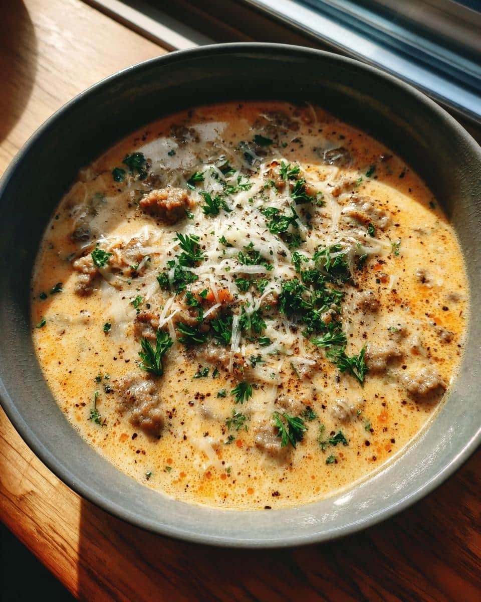 Unbelievable Million Dollar Soup in Just 45 Minutes 7 Overhead shot of a bowl of Million Dollar Soup, topped with cheese and fresh parsley.