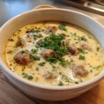 Bowl of creamy Million Dollar Soup with meatballs and fresh parsley garnish.
