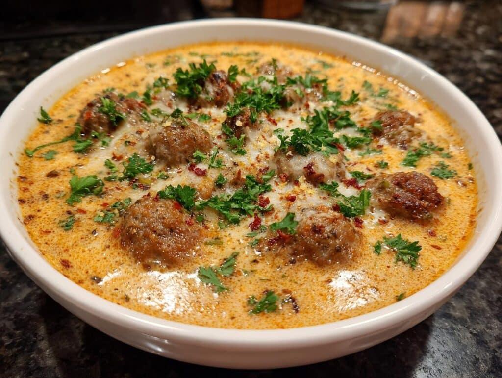 A bowl of creamy Million Dollar Soup with meatballs, garnished with parsley and red pepper flakes.