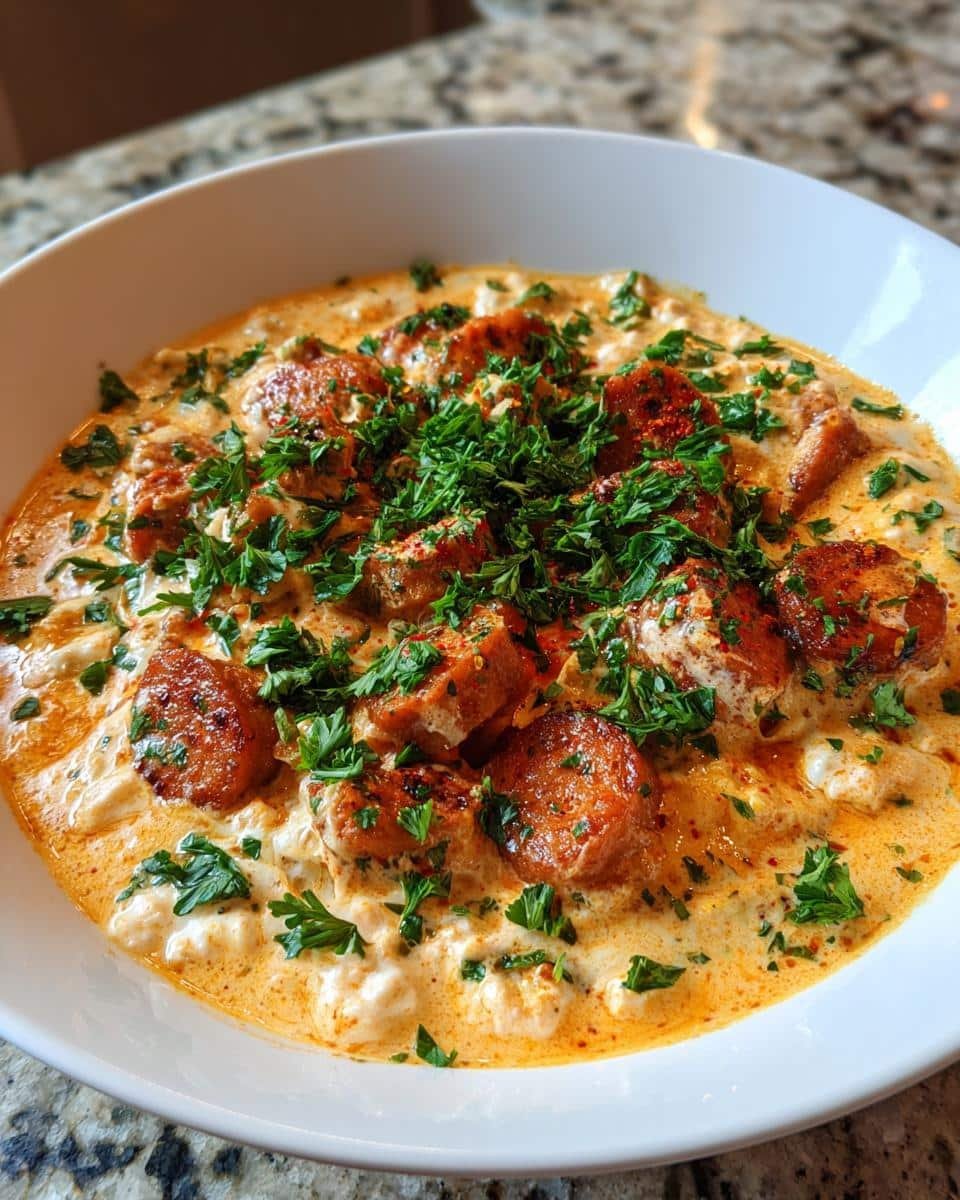 Unbelievable Million Dollar Soup in Just 45 Minutes 6 A bowl of creamy Million Dollar Soup featuring sausage, garnished with fresh parsley.