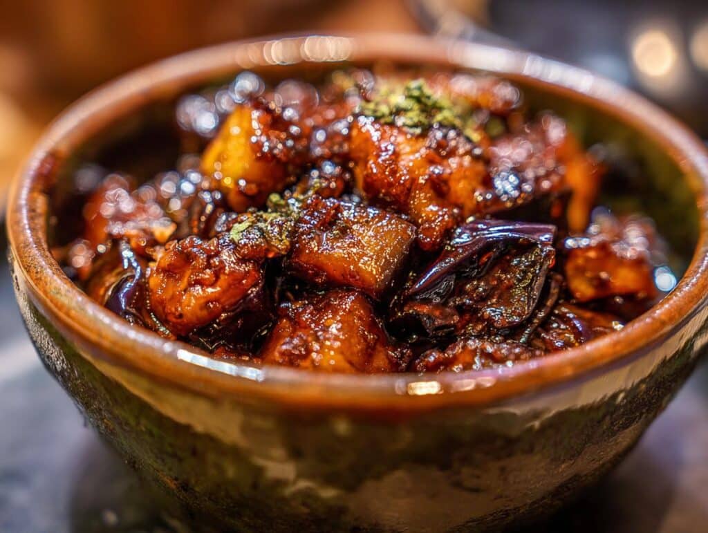 Close-up of Miso Glazed Eggplant in a rustic bowl, glistening with glaze and garnished with herbs.