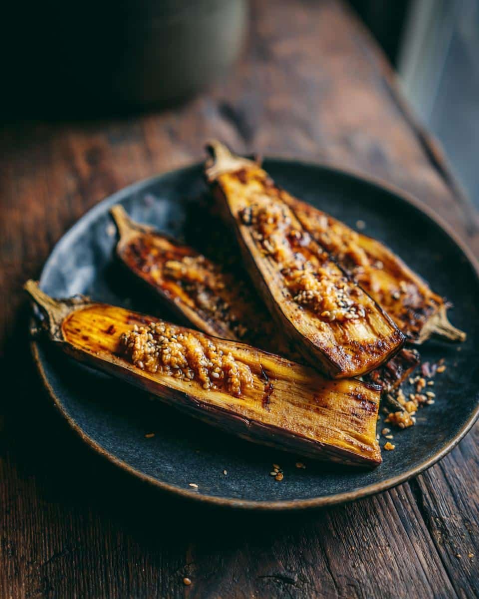 Miso Glazed Eggplant: 7 Amazing Minutes to Heaven 6 Three halves of Miso Glazed Eggplant are arranged on a dark plate, sprinkled with sesame seeds.