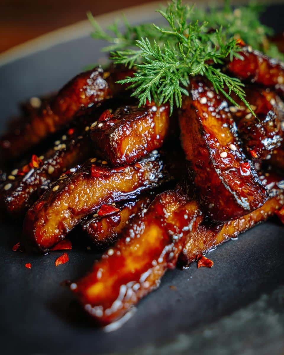 Miso Glazed Eggplant: 7 Amazing Minutes to Heaven 8 Close-up of glistening Miso Glazed Eggplant pieces on a dark plate, garnished with dill and red pepper flakes.