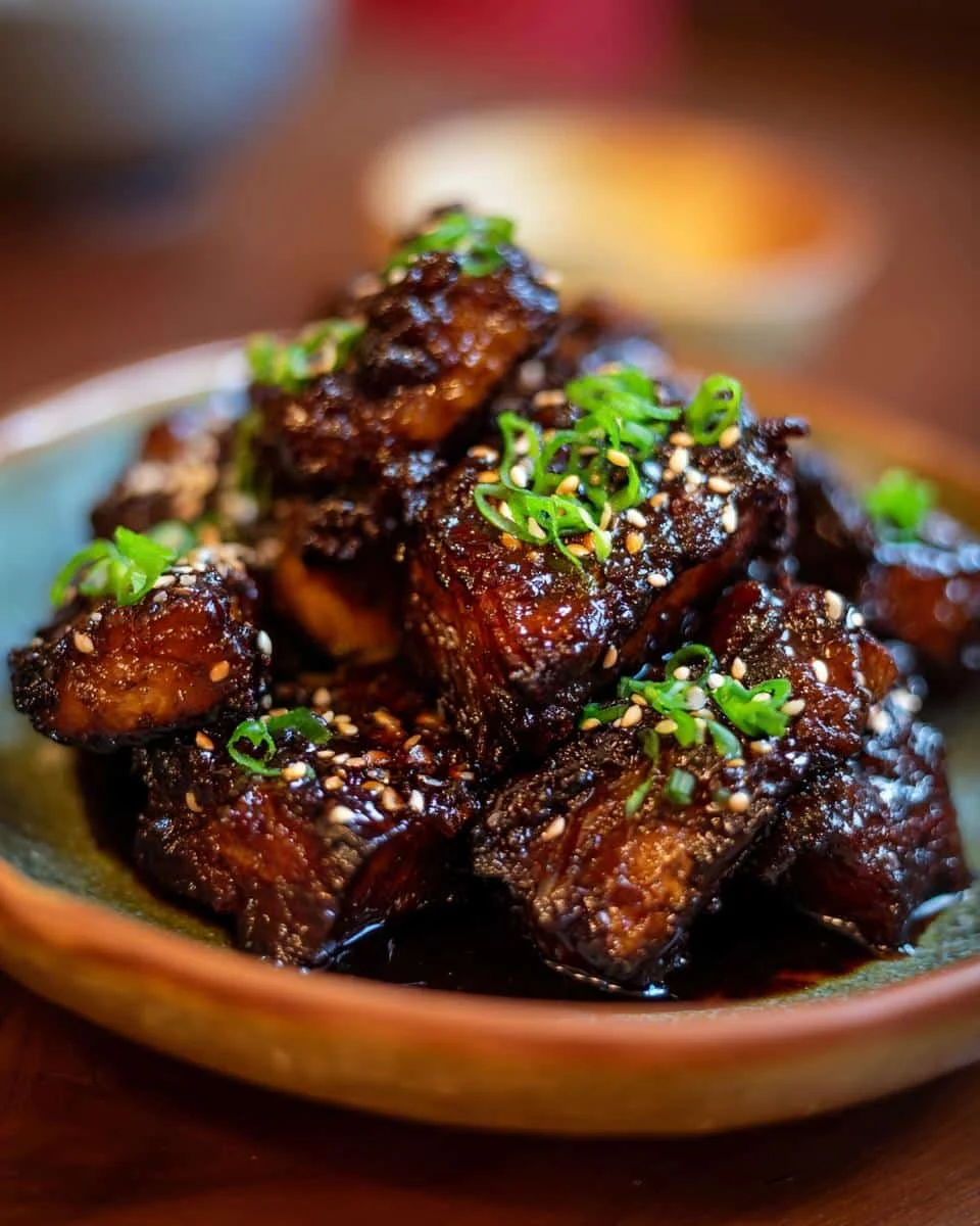 Miso Glazed Eggplant: 7 Amazing Minutes to Heaven 9 Close-up of Miso Glazed Eggplant pieces, garnished with sesame seeds and green onions on a plate.
