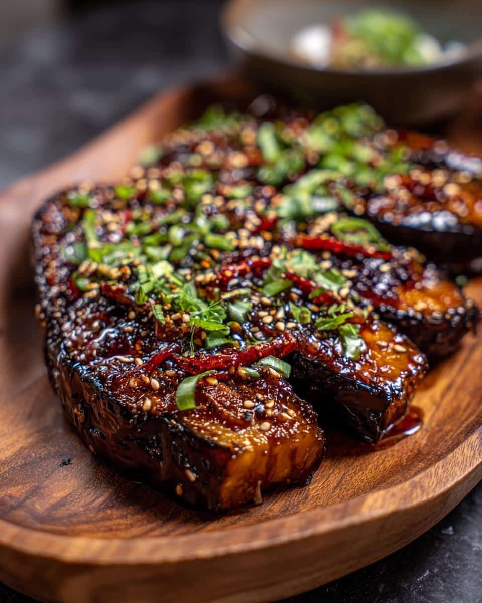 Miso Glazed Eggplant: 7 Amazing Minutes to Heaven 7 Close-up of Miso Glazed Eggplant on a wooden tray, garnished with sesame seeds and green onions.