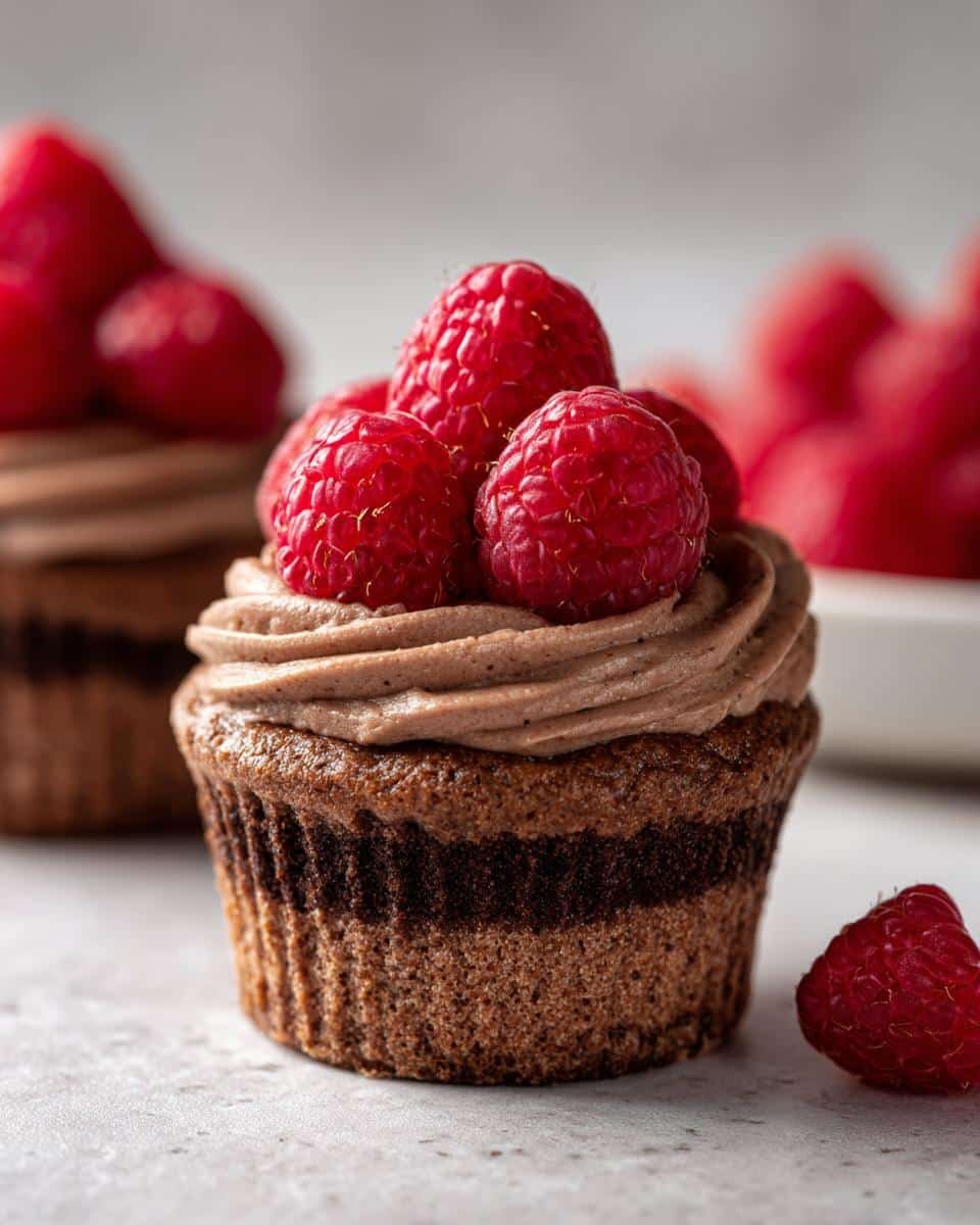 Devilish No Bake Raspberry Chocolate Mousse Cups in 2H 6 A close-up of a No Bake Raspberry Chocolate Mousse Cup, topped with fresh raspberries and chocolate mousse.