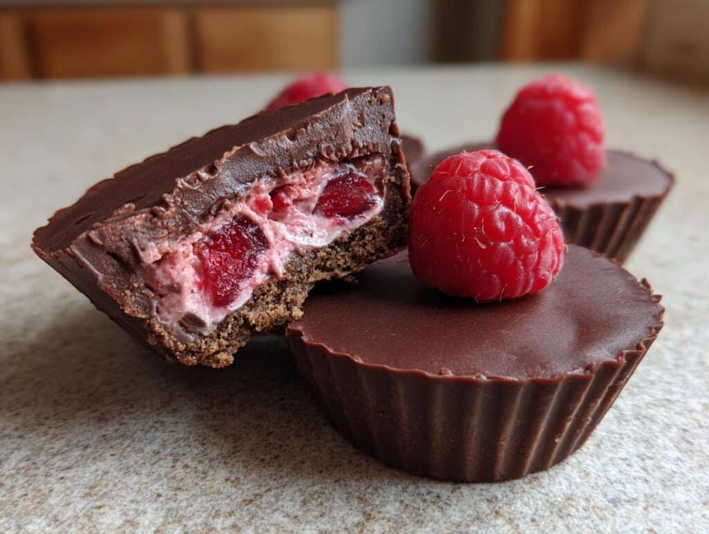 Delicious No Bake Raspberry Chocolate Mousse Cups with a raspberry on top and a cutaway view of the filling.