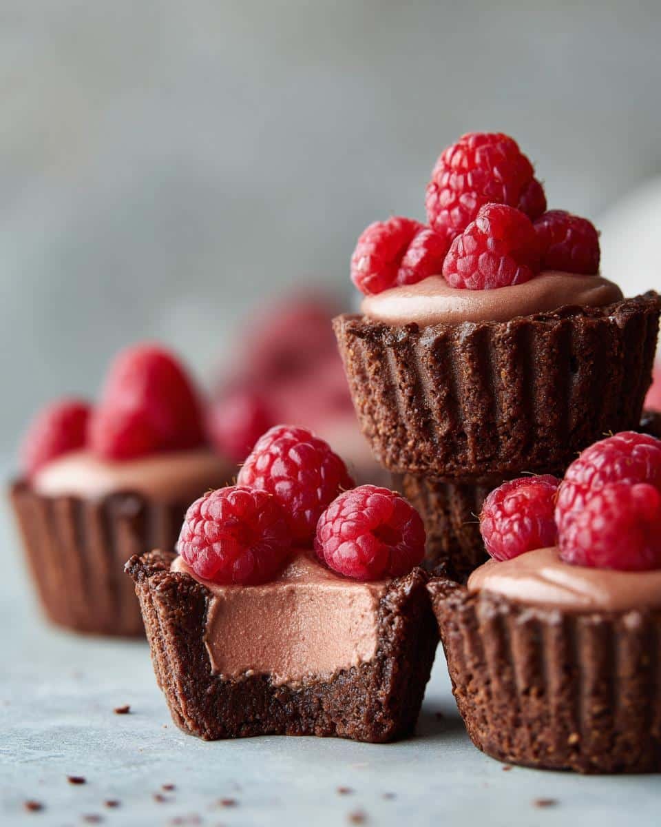 Devilish No Bake Raspberry Chocolate Mousse Cups in 2H 7 A stack of No Bake Raspberry Chocolate Mousse Cups, topped with fresh raspberries.