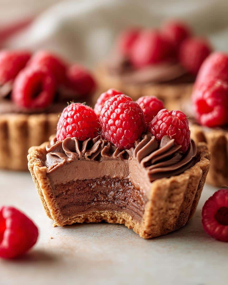 Devilish No Bake Raspberry Chocolate Mousse Cups in 2H 8 A No Bake Raspberry Chocolate Mousse Cup with a bite taken out, revealing layers of chocolate and topped with fresh raspberries.