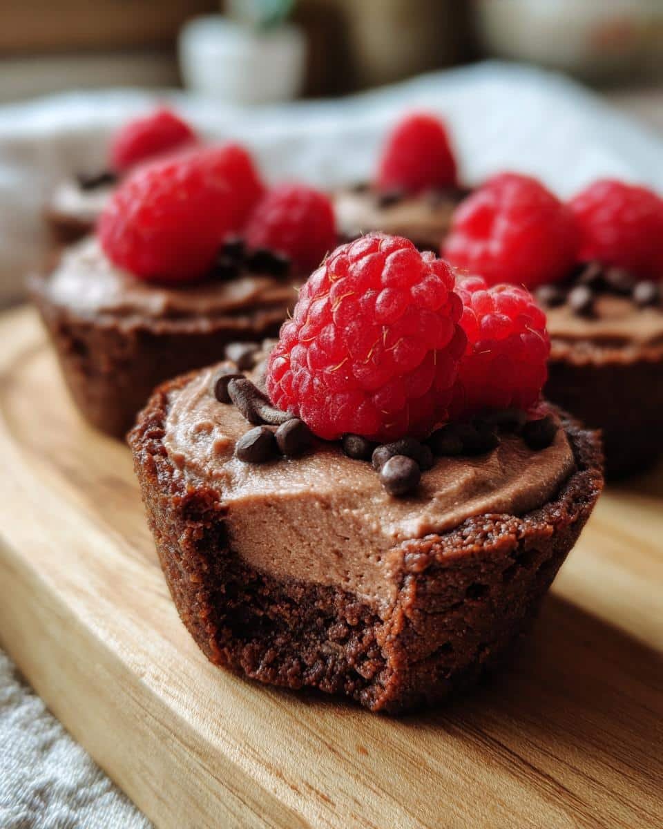 Devilish No Bake Raspberry Chocolate Mousse Cups in 2H 9 A No Bake Raspberry Chocolate Mousse Cup with a bite taken out, topped with fresh raspberries and chocolate chips.