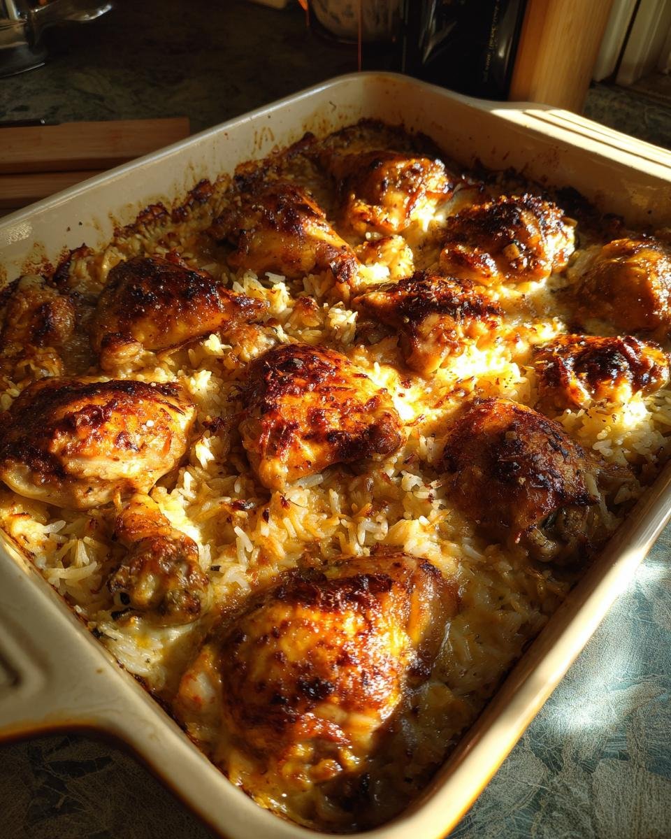 Easy No-Peek Chicken with Rice: 7 Ingredients & Done 6 Overhead view of a baking pan filled with golden brown No-Peek Chicken with Rice.