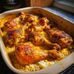 Golden brown No-Peek Chicken with Rice baked in a casserole dish, ready to serve.