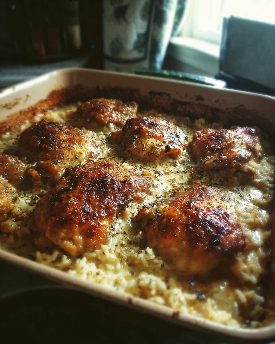 Easy No-Peek Chicken with Rice: 7 Ingredients & Done 9 Close-up of No-Peek Chicken with Rice in a casserole dish, featuring golden-brown chicken thighs and creamy rice.