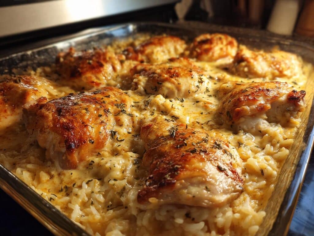 Golden brown No-Peek Chicken with Rice casserole in a glass baking dish, garnished with herbs.