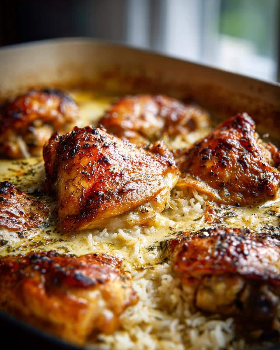 Easy No-Peek Chicken with Rice: 7 Ingredients & Done 7 Close-up of baked No-Peek Chicken with Rice in a baking pan, showcasing golden-brown chicken thighs.