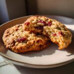 Two Oatmeal Cranberry Pecan Cookies on a plate, one broken in half to show the inside texture.