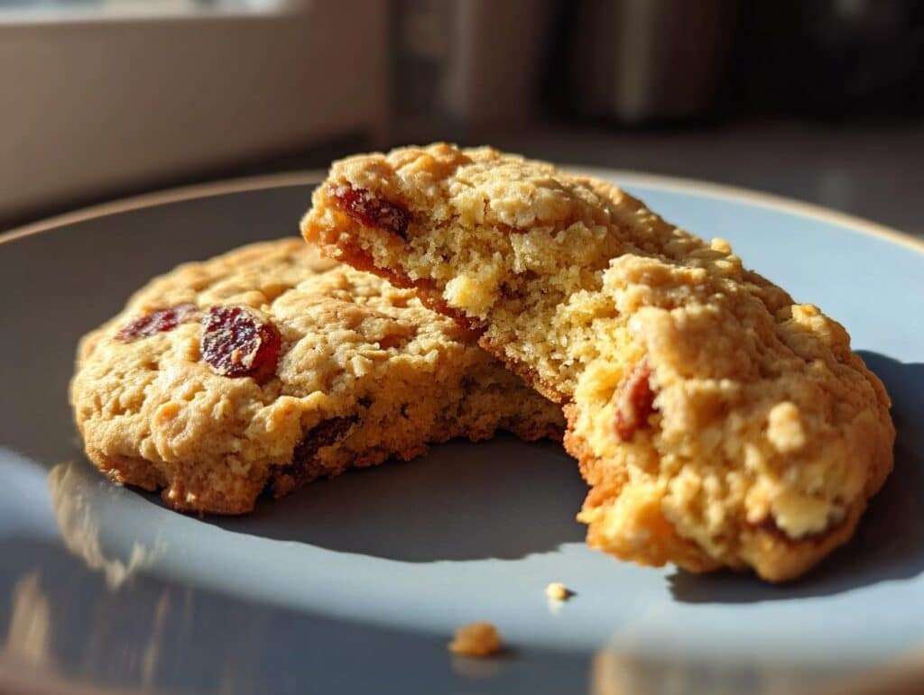 Two Oatmeal Cranberry Pecan Cookies on a blue plate, one broken in half to show the inside texture.