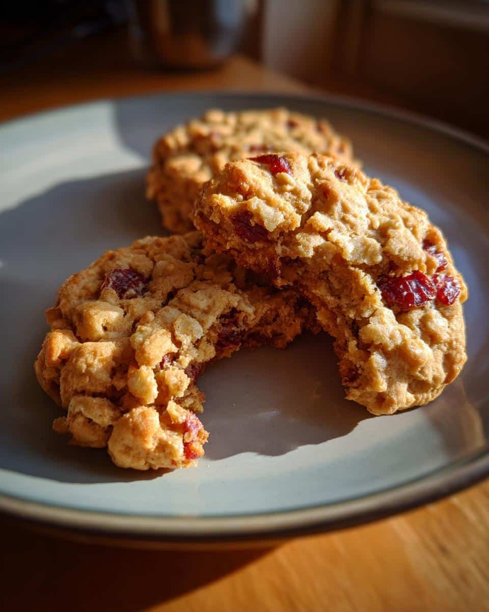Irresistible Oatmeal Cranberry Pecan Cookies in 12 Minutes 6 Three Oatmeal Cranberry Pecan Cookies on a plate, one with a bite taken out, showing the texture.