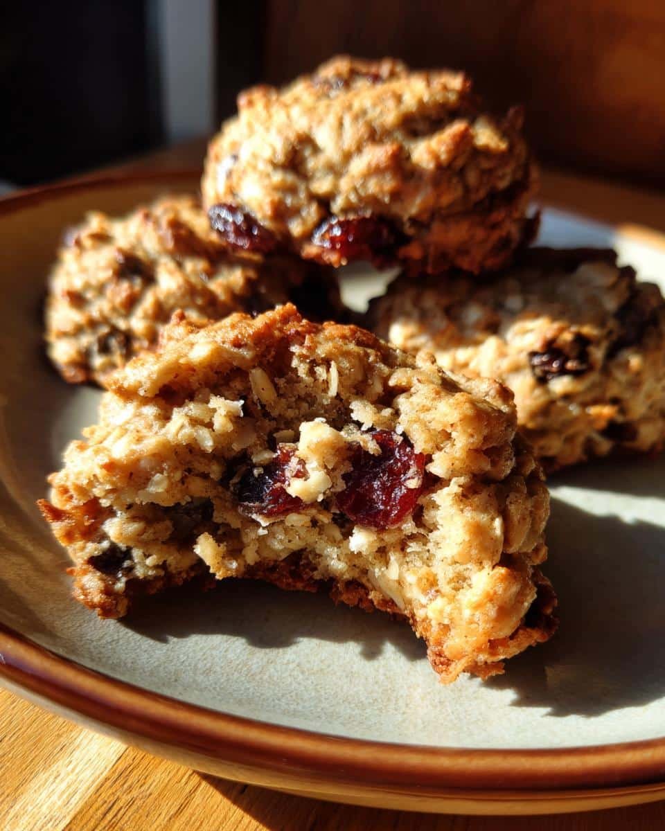 Irresistible Oatmeal Cranberry Pecan Cookies in 12 Minutes 9 A plate of freshly baked Oatmeal Cranberry Pecan Cookies, one with a bite taken out to show the inside.