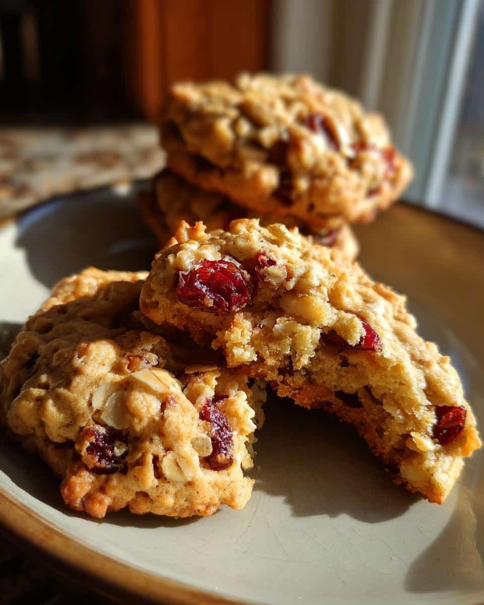Irresistible Oatmeal Cranberry Pecan Cookies in 12 Minutes 8 A stack of Oatmeal Cranberry Pecan Cookies on a plate, with one cookie broken in half to show the inside.