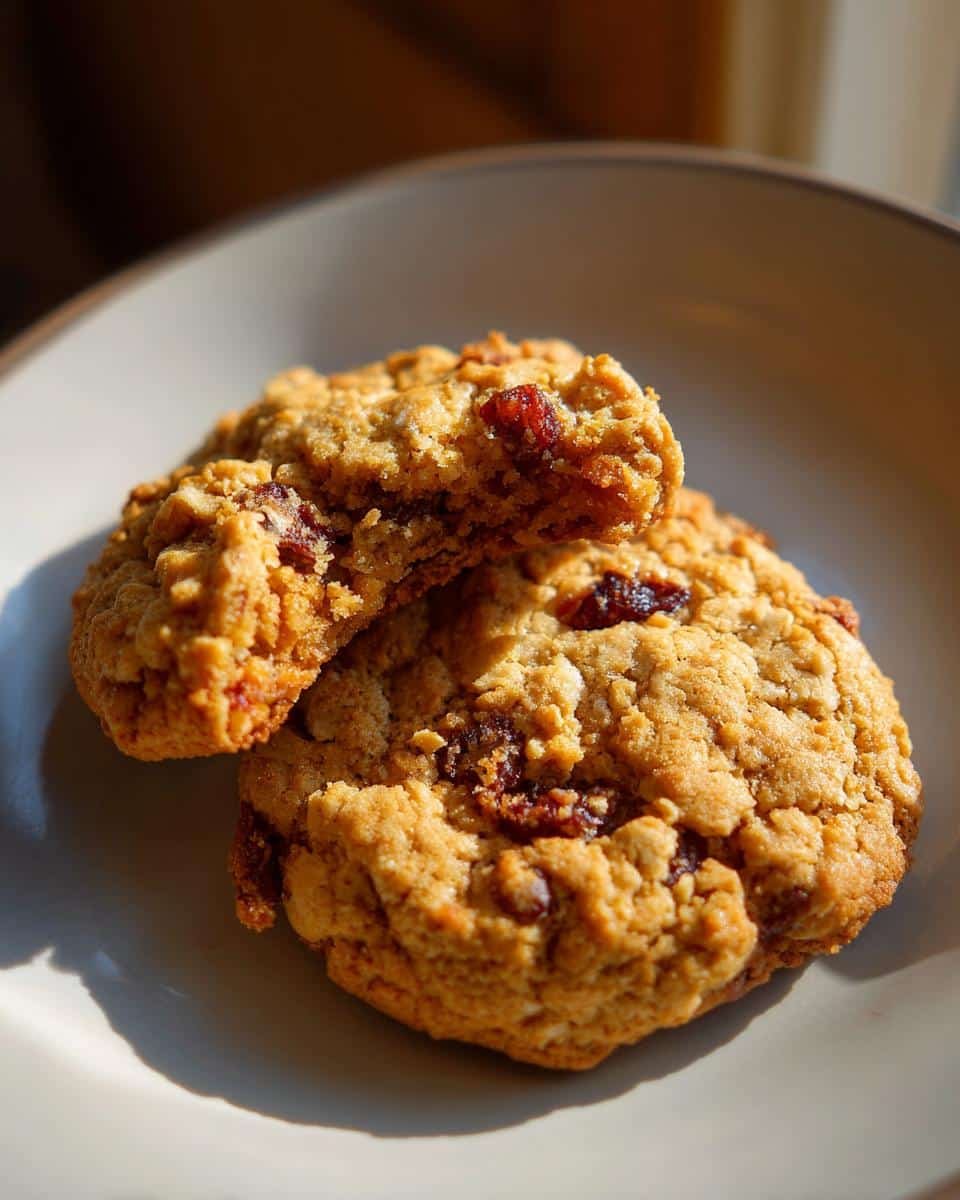Irresistible Oatmeal Cranberry Pecan Cookies in 12 Minutes 7 Two Oatmeal Cranberry Pecan Cookies stacked on a plate, one broken in half to show texture.