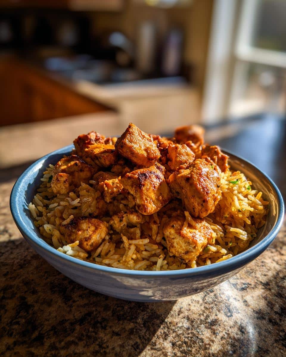 Devastating One Pot Chicken Shawarma Rice in 20 Minutes 6 Bowl of One Pot Chicken Shawarma Rice, featuring seasoned chicken pieces over rice with herbs.