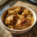 Bowl of One Pot Chicken Shawarma Rice, featuring seasoned chicken and flavorful rice.