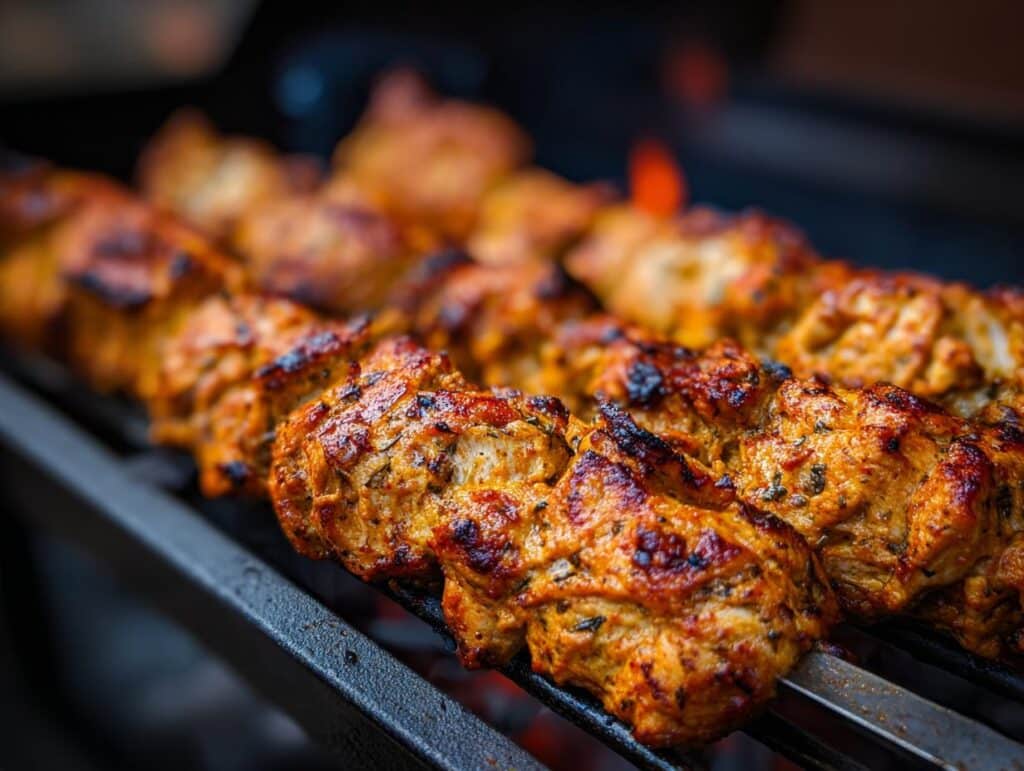 Close-up of grilled One Pot Shawarma Chicken on skewers over hot coals.