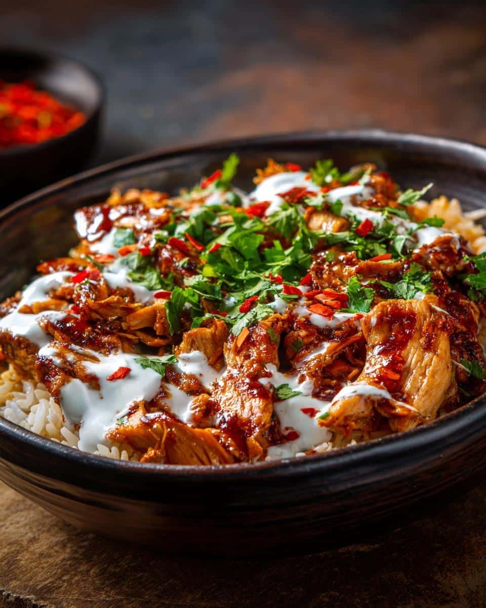 One Pot Shawarma Chicken Rice: Shockingly Simple Recipe 8 A bowl of One Pot Shawarma Chicken Rice, topped with white sauce, herbs, and red pepper flakes.