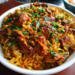 Close-up of a bowl of One Pot Shawarma Chicken Rice garnished with fresh herbs.