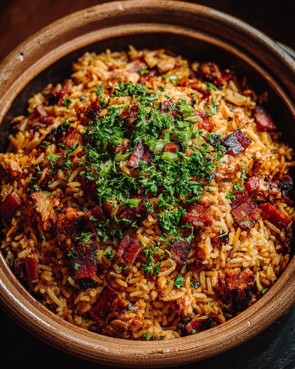 One Pot Shawarma Chicken Rice: Shockingly Simple Recipe 9 Close-up of One Pot Shawarma Chicken Rice in a rustic bowl, garnished with fresh herbs.