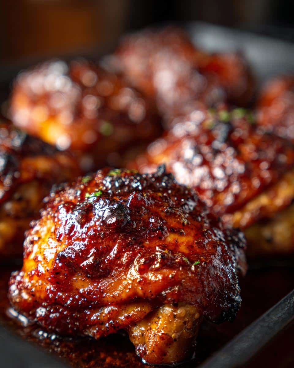 Fail-Proof Oven Baked Chicken Thighs in Just 35 Minutes 8 Close-up of glazed Oven Baked Chicken Thighs on a dark baking sheet, showing crispy skin.