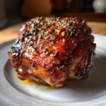 Close-up of a perfectly cooked Oven Baked Chicken Thigh, showcasing its crispy skin and juicy texture.