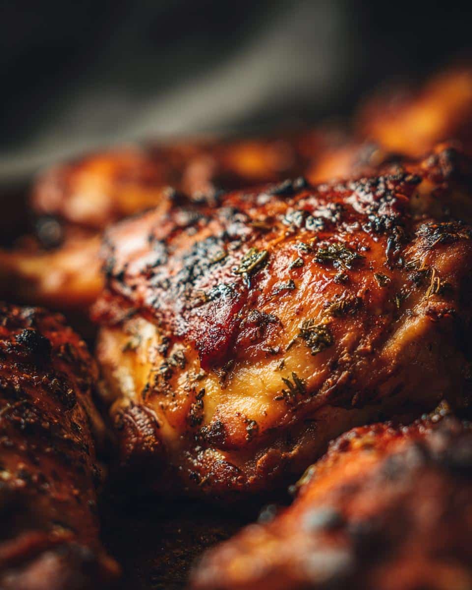 Fail-Proof Oven Baked Chicken Thighs in Just 35 Minutes 7 Close-up of perfectly seasoned and golden brown Oven Baked Chicken Thighs fresh out of the oven.