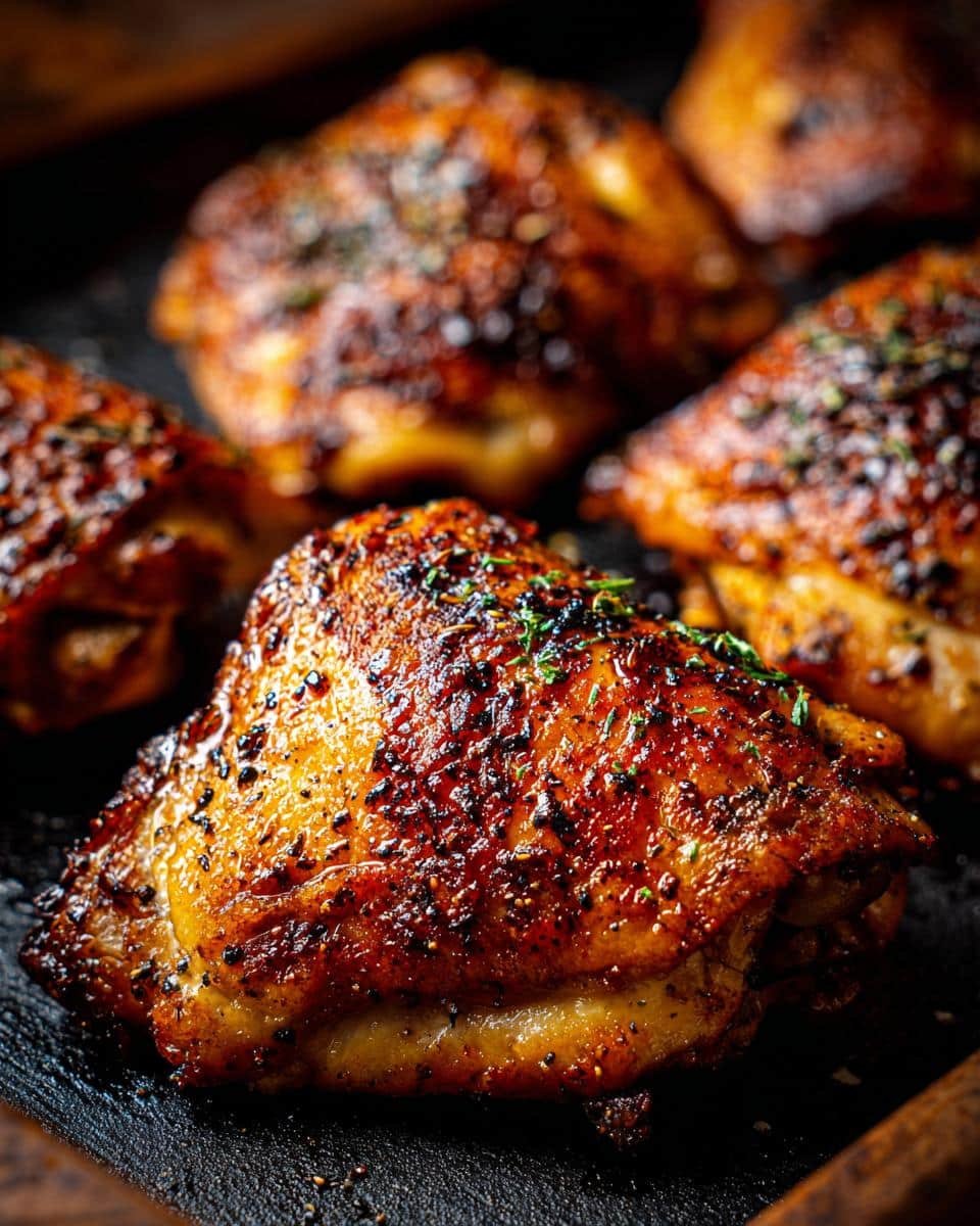 Fail-Proof Oven Baked Chicken Thighs in Just 35 Minutes 6 Close-up of golden brown Oven Baked Chicken Thighs with crispy skin and herb garnish.
