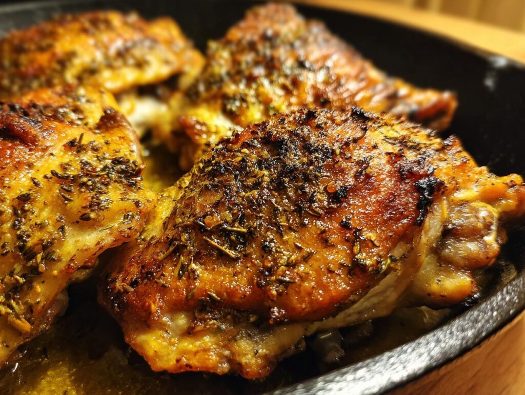 Close-up of golden brown Oven Baked Chicken Thighs with herbs in a cast iron skillet.