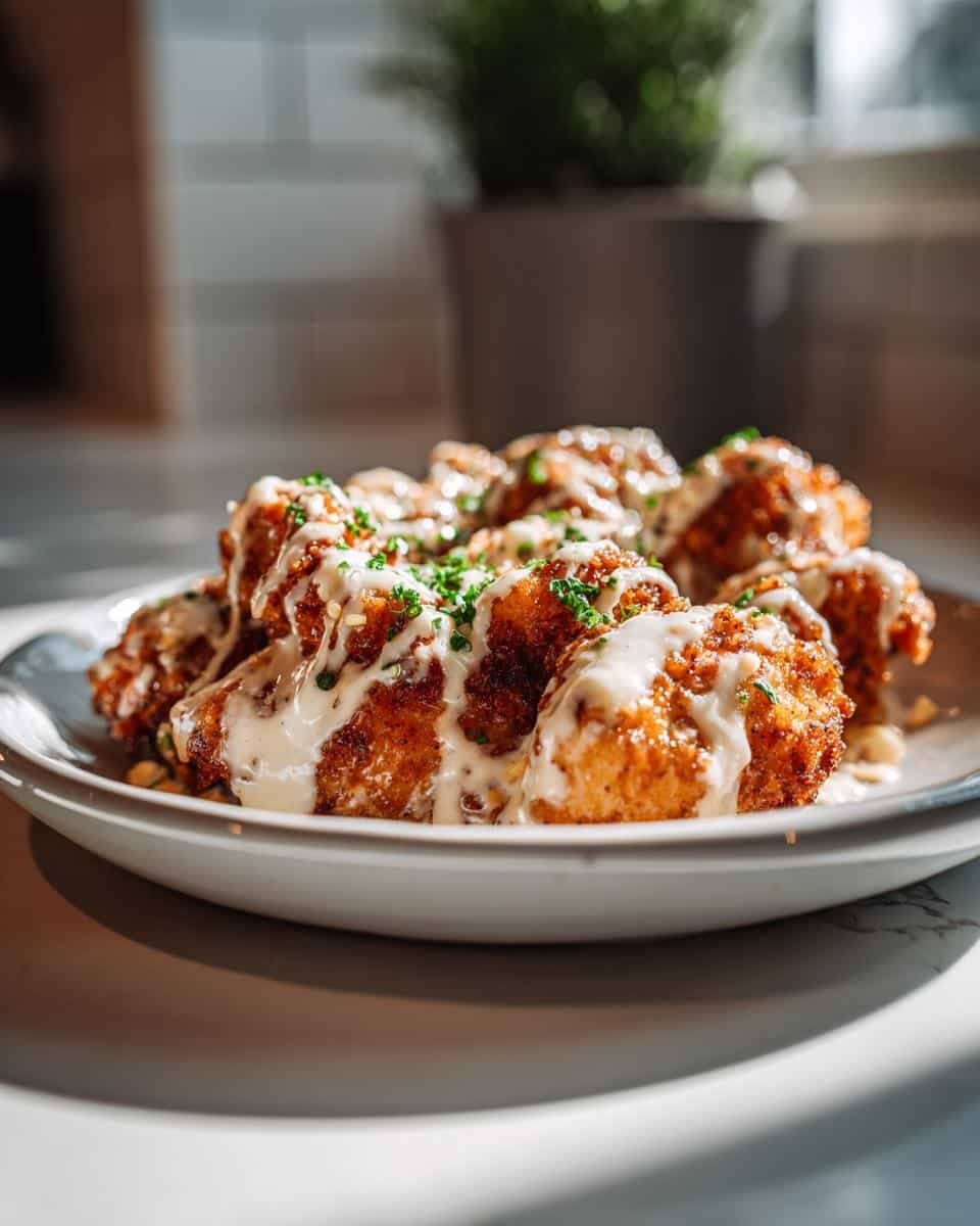 Disgustingly Easy Parmesan Chicken Recipe: You'll Crave It 9 Close-up of Parmesan chicken bites drizzled with creamy sauce and garnished with herbs.