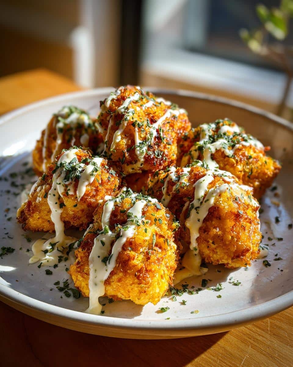 Disgustingly Easy Parmesan Chicken Recipe: You'll Crave It 7 Golden parmesan chicken bites drizzled with creamy sauce and herbs on a plate. A delicious appetizer or main course.