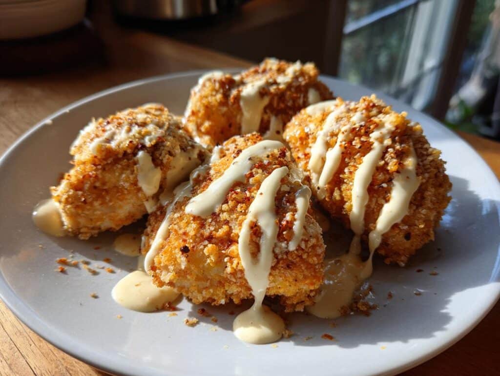 Parmesan chicken pieces drizzled with sauce on a plate. Crispy coating and creamy sauce.