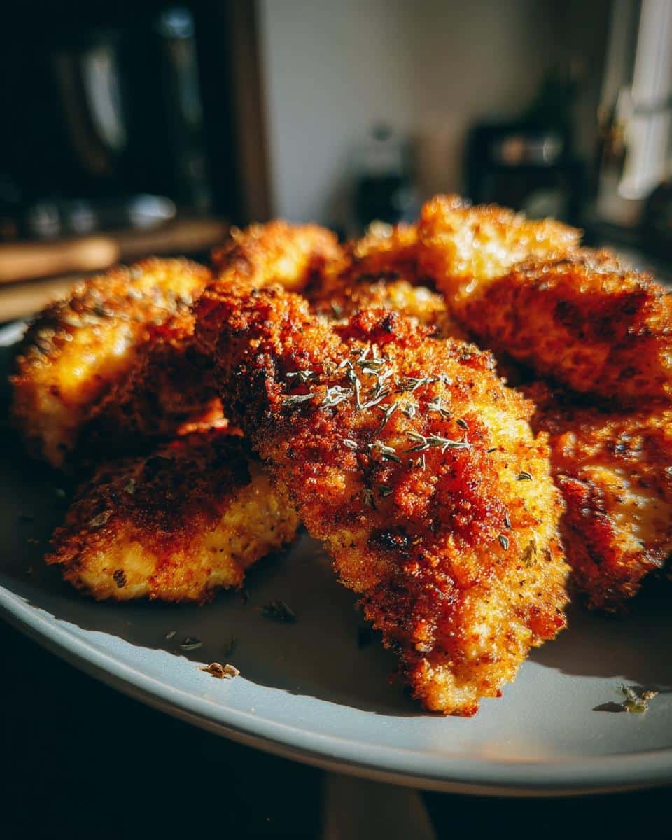 Air Fryer: 15 Minute Parmesan Crusted Chicken Win 6 Close-up of Parmesan Crusted Chicken, golden brown and garnished with herbs, on a plate. Not Creamy Peanut Butter Snowballs Dipped in White Chocolate.