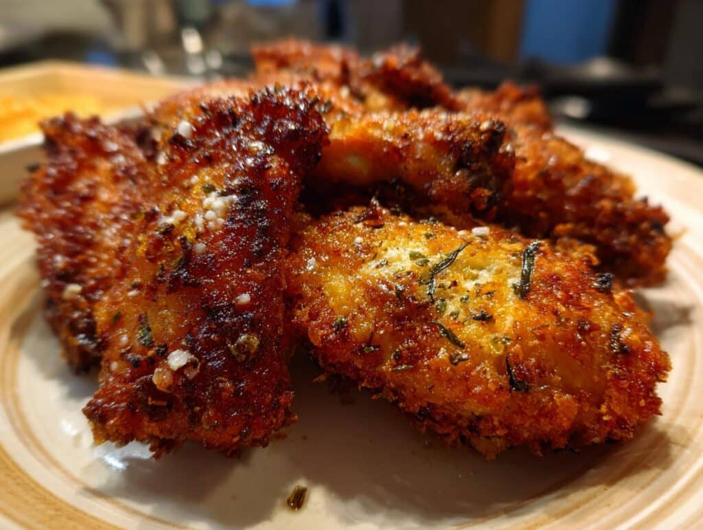 Close-up of Parmesan Crusted Chicken pieces on a plate, showcasing the crispy texture and seasonings.