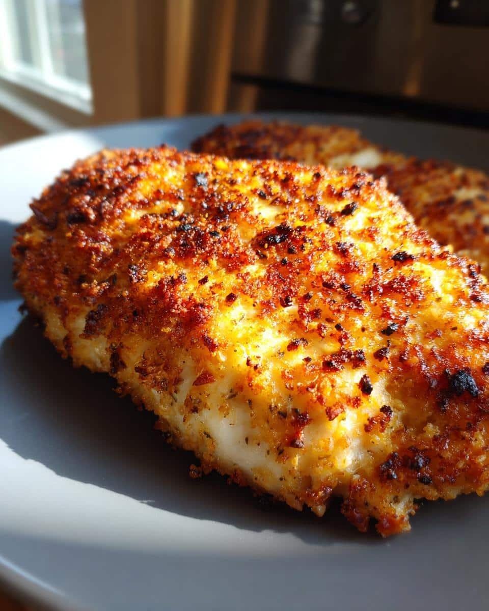 Air Fryer: 15 Minute Parmesan Crusted Chicken Win 9 Close up of parmesan crusted chicken breast on a gray plate, golden brown and crispy.