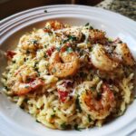 A delicious bowl of Parmesan Orzo with Shrimp, topped with fresh herbs and grated parmesan cheese.