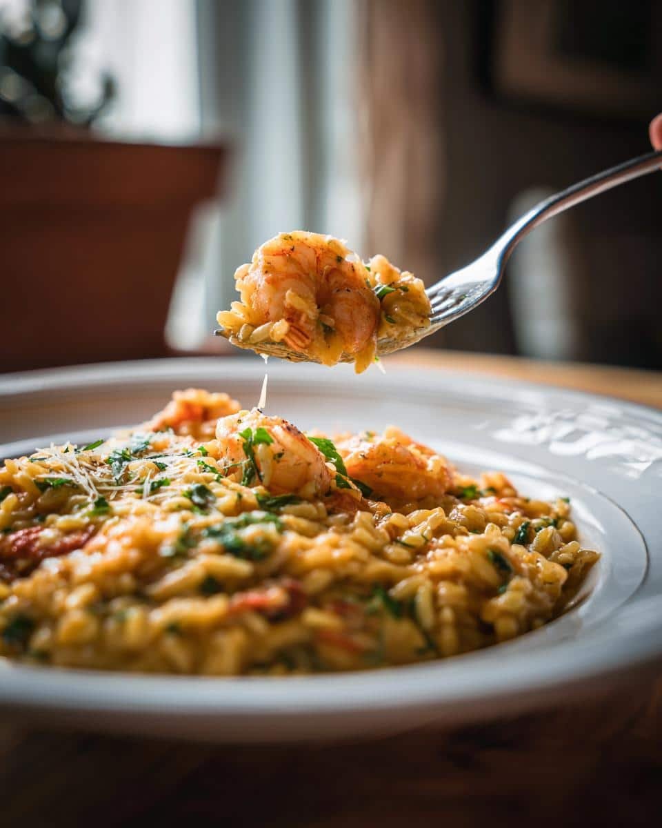 Parmesan Orzo with Shrimp: Shockingly Easy 30-Minute Dish 8 Fork lifting Parmesan Orzo with Shrimp from a plate. Close-up of the creamy orzo, shrimp, and parmesan.