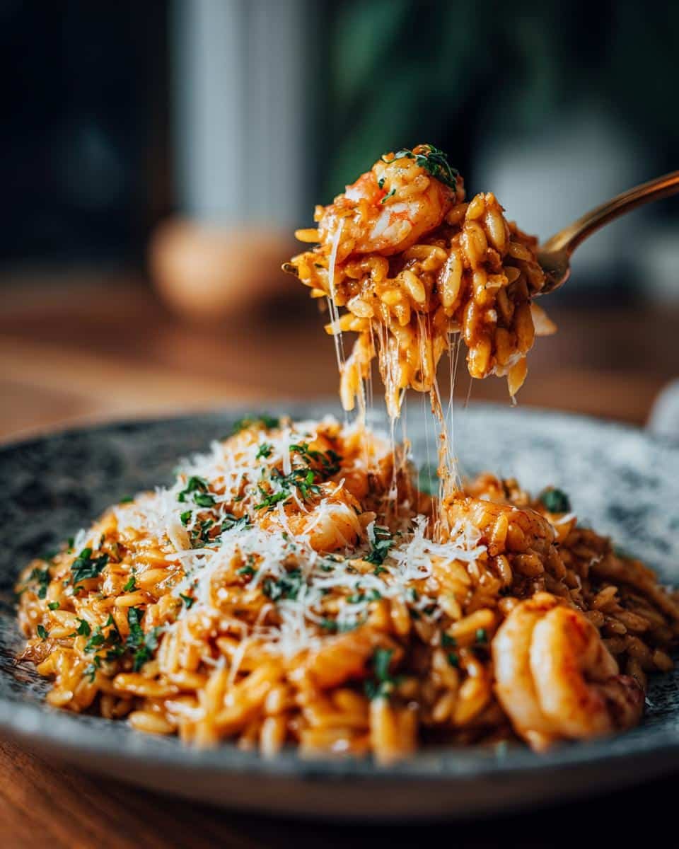Parmesan Orzo with Shrimp: Shockingly Easy 30-Minute Dish 9 A spoonful of cheesy Parmesan Orzo with Shrimp being lifted from a plate, showcasing the melted cheese.