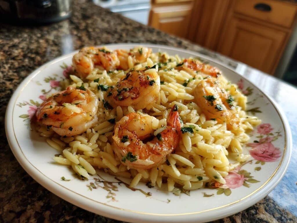 A plate of Parmesan Orzo with Shrimp, garnished with herbs, ready to be served.