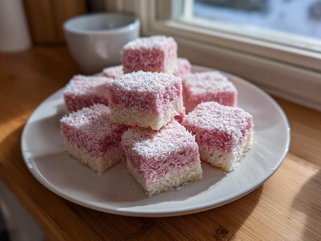 A plate of homemade Pink Coconut Snowball Cake Bars, dusted with coconut flakes.