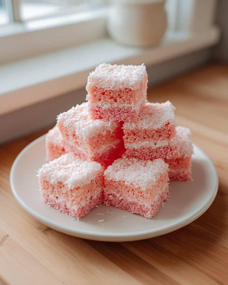 Devastatingly Delicious Pink Coconut Snowball Cake Bars 7 A stack of delicious Pink Coconut Snowball Cake Bars on a white plate, showing the pink cake and coconut topping.